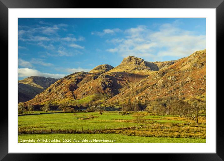 Langdale Pikes Lake District in winter Framed Mounted Print by Nick Jenkins