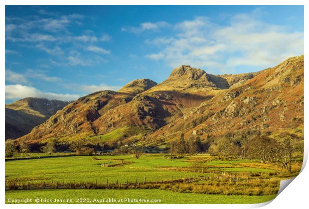 Langdale Pikes Lake District in winter Print by Nick Jenkins