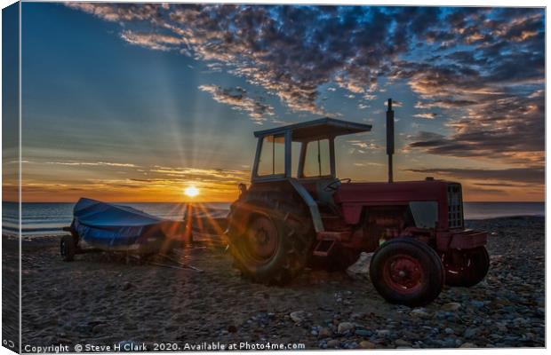 Tractor on the Beach at Sunrise Canvas Print by Steve H Clark