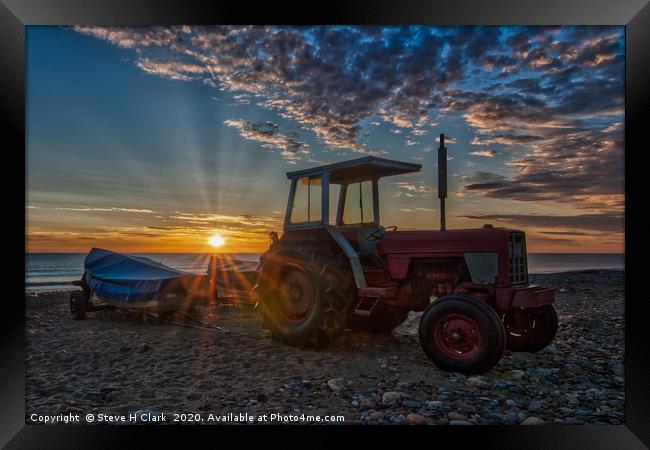 Tractor on the Beach at Sunrise Framed Print by Steve H Clark
