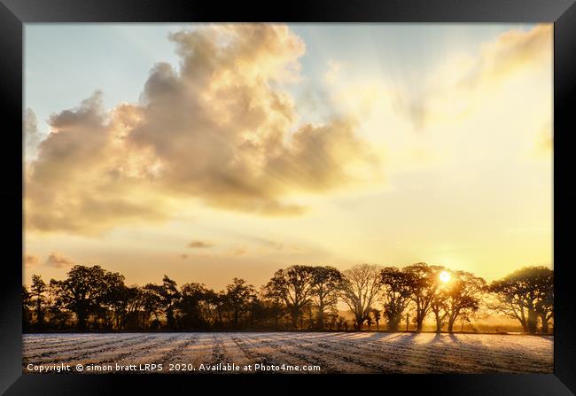 Frosty farmland sunrise in Norfolk UK Framed Print by Simon Bratt LRPS