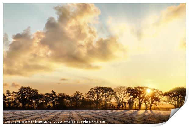Frosty farmland sunrise in Norfolk UK Print by Simon Bratt LRPS