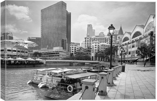 Clarke Quay, Singapore. Black and white Canvas Print by Stephen Mole