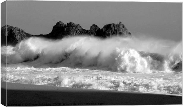 Porthcurno Beech and Logans Rock  with crashing wa Canvas Print by Simon Johnson