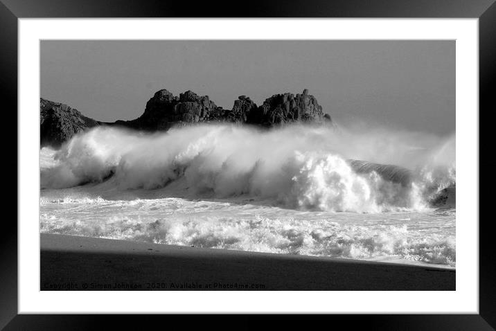 Porthcurno Beech and Logans Rock  with crashing wa Framed Mounted Print by Simon Johnson