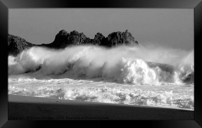 Porthcurno Beech and Logans Rock  with crashing wa Framed Print by Simon Johnson