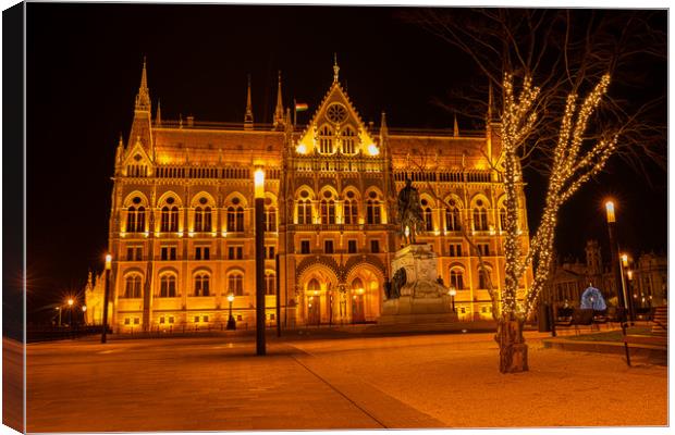 Hungarian Parliament Building At Night Canvas Print by rawshutterbug 