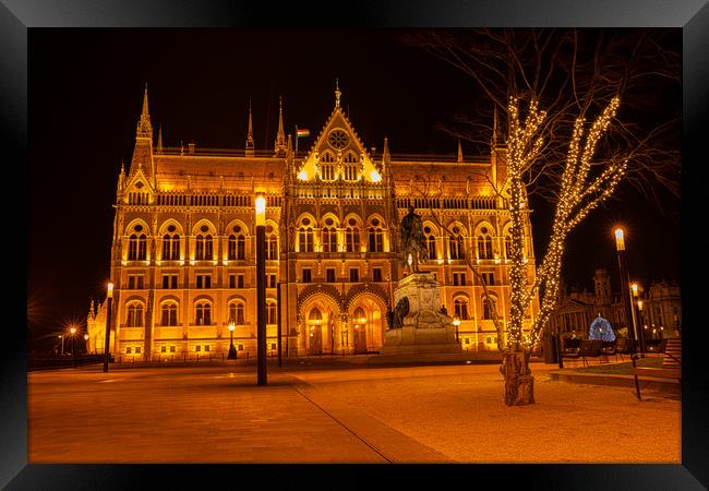 Hungarian Parliament Building At Night Framed Print by rawshutterbug 