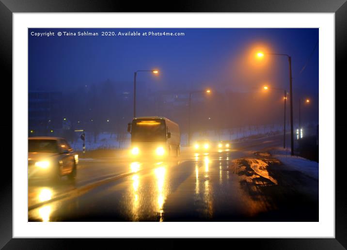 Traffic on Foggy Blue Winter Evening Framed Mounted Print by Taina Sohlman