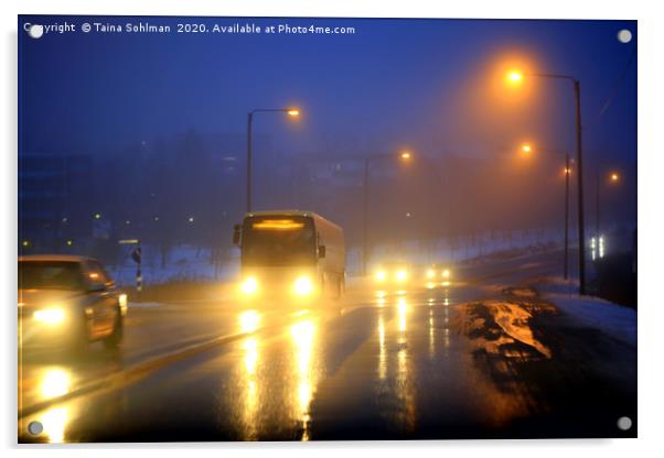 Traffic on Foggy Blue Winter Evening Acrylic by Taina Sohlman