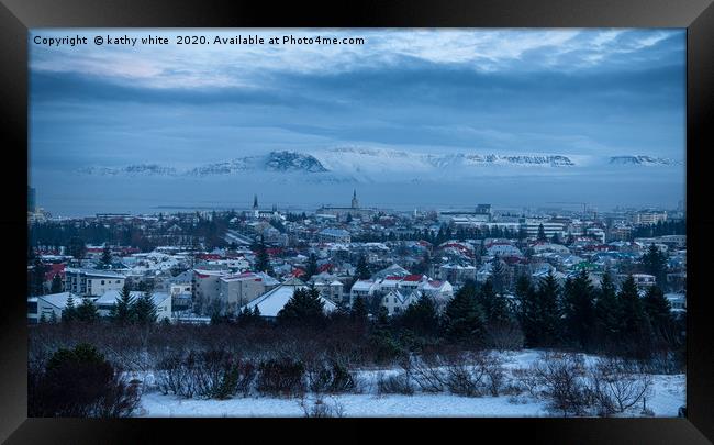 Reykjavik Iceland in the winter with snow  Framed Print by kathy white