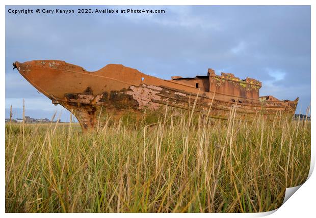 Old Rusty boat through the grasses at Fleetwood Print by Gary Kenyon
