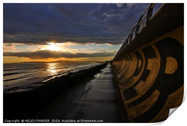 Curved Sea Wall at Aberavon Print by HELEN PARKER