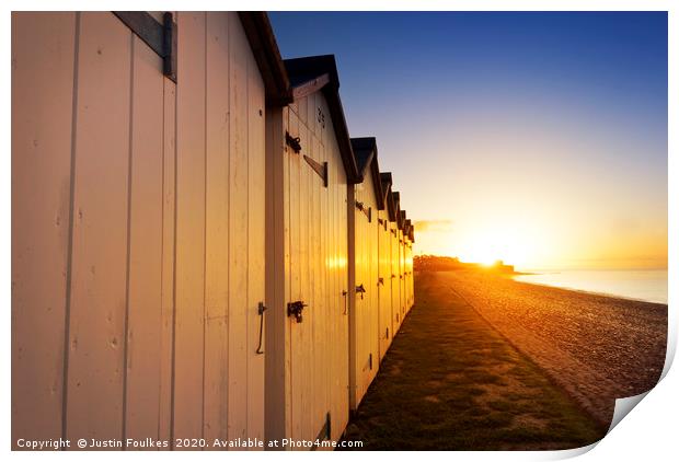 Beach huts at Budleigh Salterton, East Devon Print by Justin Foulkes
