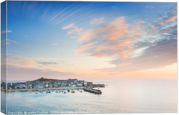 St Ives harbour at sunrise, Cornwall Canvas Print by Justin Foulkes