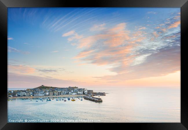 St Ives harbour at sunrise, Cornwall Framed Print by Justin Foulkes