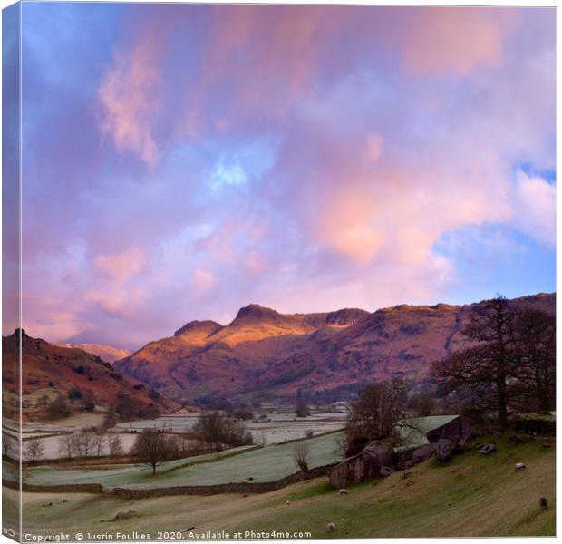 Sunrise in the Langdale Valley, Lake District Canvas Print by Justin Foulkes
