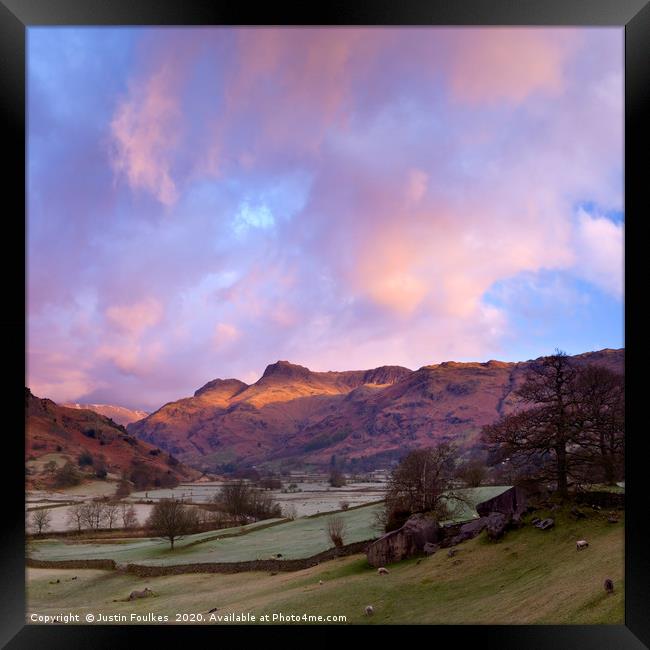 Sunrise in the Langdale Valley, Lake District Framed Print by Justin Foulkes