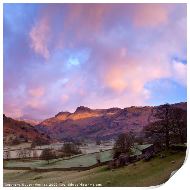 Sunrise in the Langdale Valley, Lake District Print by Justin Foulkes