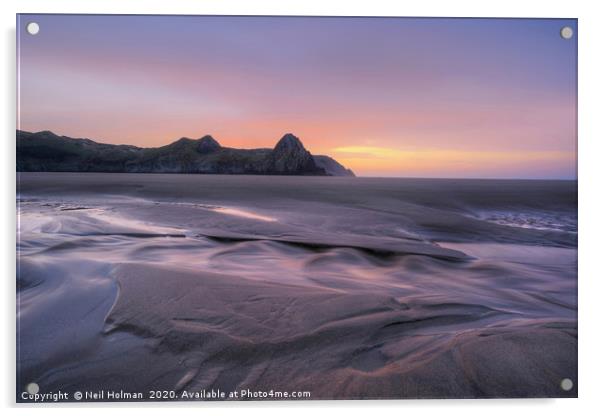 Sunrise, Three Cliffs Bay, Gower Peninsula Acrylic by Neil Holman