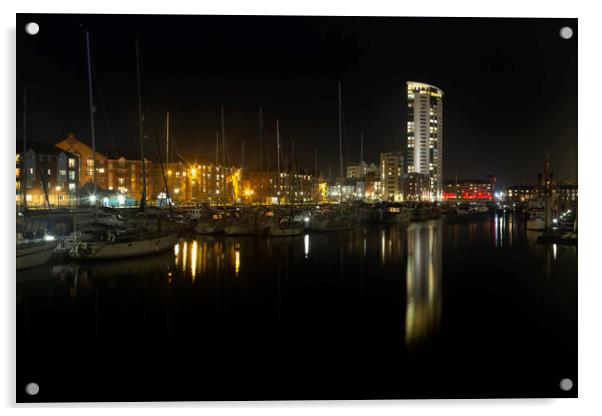 Evening reflections in Swansea Marina Acrylic by Leighton Collins
