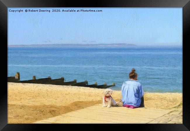 Girl on Whitstable beach with dog Framed Print by Robert Deering