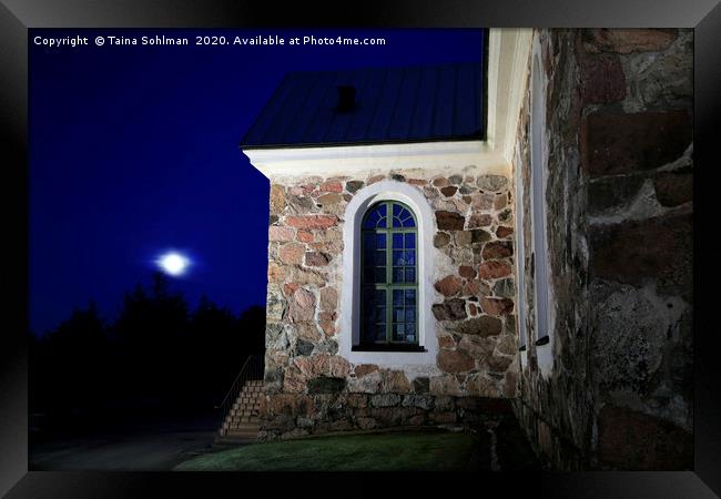 Uskela Church and Hazy Full Moon Framed Print by Taina Sohlman