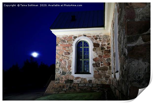 Uskela Church and Hazy Full Moon Print by Taina Sohlman