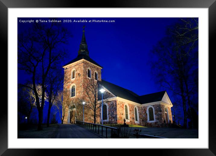 Illuminated Uskela Church, Salo Finland Framed Mounted Print by Taina Sohlman