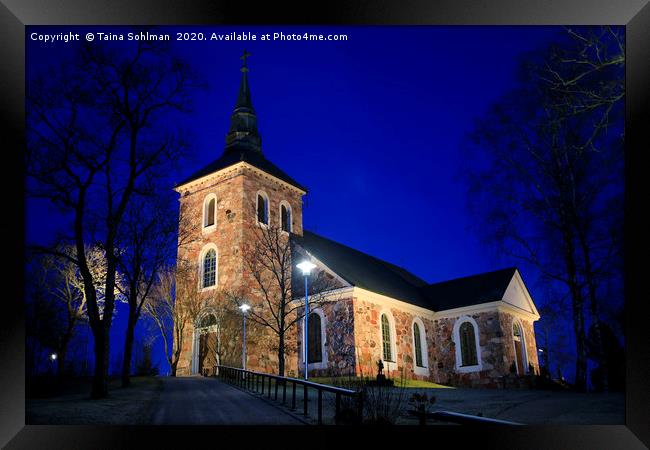 Illuminated Uskela Church, Salo Finland Framed Print by Taina Sohlman
