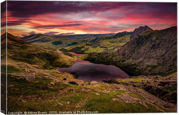 Glaslyn Lake Sunset Snowdonia Canvas Print by Adrian Evans