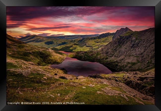 Glaslyn Lake Sunset Snowdonia Framed Print by Adrian Evans