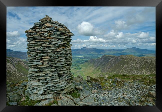 Dale Head summit cairn, Newlands Horseshoe, Lake D Framed Print by Greg Marshall