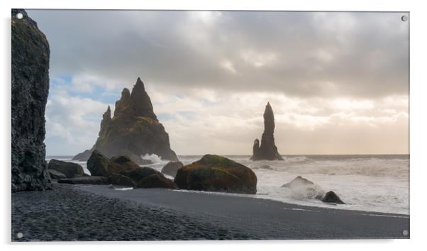 Reynisdrangar sea stacks at Reynisfjara black beac Acrylic by Greg Marshall