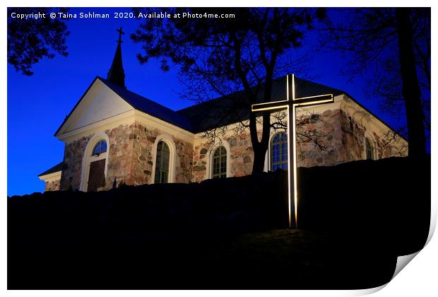 Illuminated Cross and Uskela Church Print by Taina Sohlman