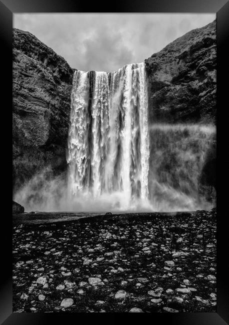 Skógafoss waterfall mono with rainbow Framed Print by Greg Marshall