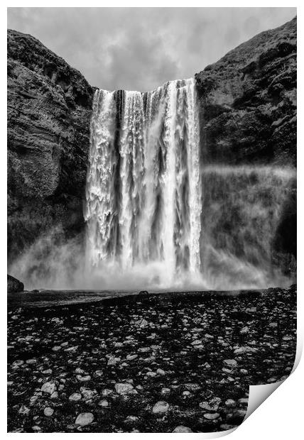 Skógafoss waterfall mono with rainbow Print by Greg Marshall