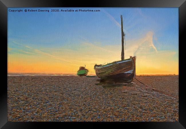Abandoned and shipwrecked boats on Dungeness beach Framed Print by Robert Deering