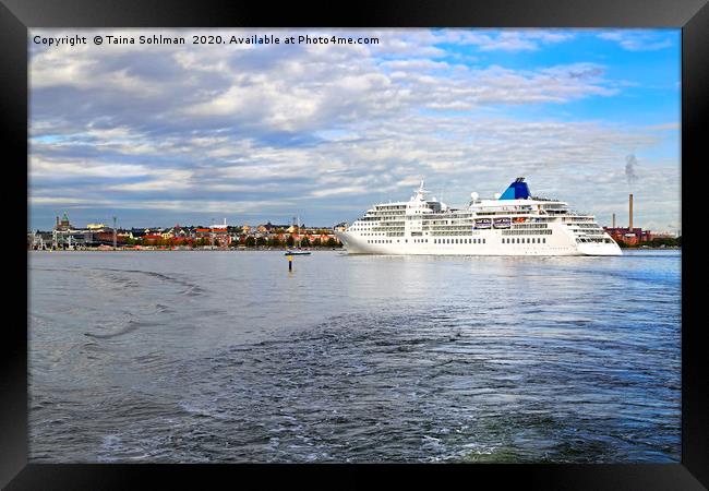  White Cruiseliner Ferry Arrives in Helsinki, Finl Framed Print by Taina Sohlman