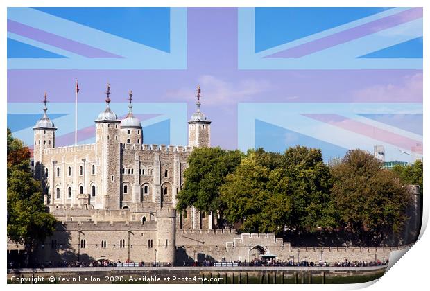 The Tower of London with Union Jack superimposed.  Print by Kevin Hellon