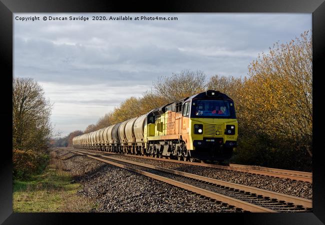 Colas freight train at speed 'tanks' Framed Print by Duncan Savidge