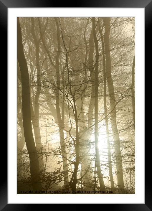 Woodland fog and sunrise Framed Mounted Print by Simon Johnson