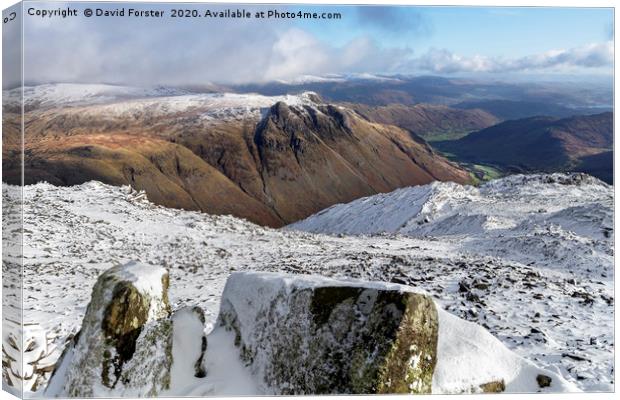 The Langdale Pikes from Bowfell in Winter, Lake Di Canvas Print by David Forster