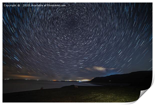 Star trails over Rhossili, Gower Peninsular. Print by Richard Morgan