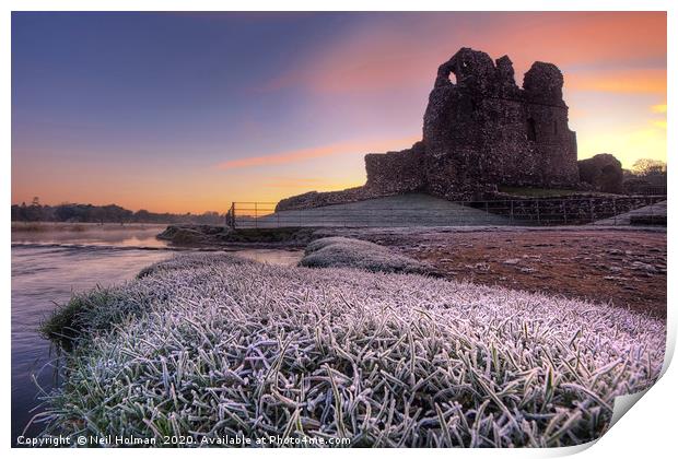 Frosty Sunrise at Ogmore Castle Print by Neil Holman