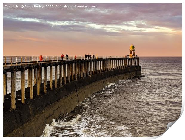 Whitby Pier at Sunset Print by Aimie Burley