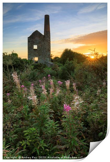 The setting sun at Wheal Peevor Print by Andrew Ray