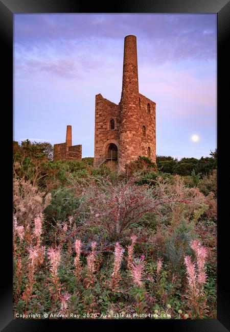 Moon and engine houses (Wheal Peevor) Framed Print by Andrew Ray