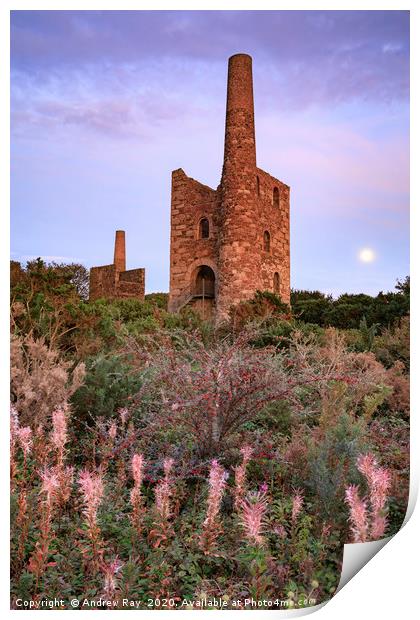 Moon and engine houses (Wheal Peevor) Print by Andrew Ray