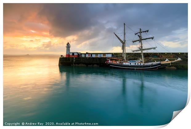Newlyn South Pier at sunrise Print by Andrew Ray